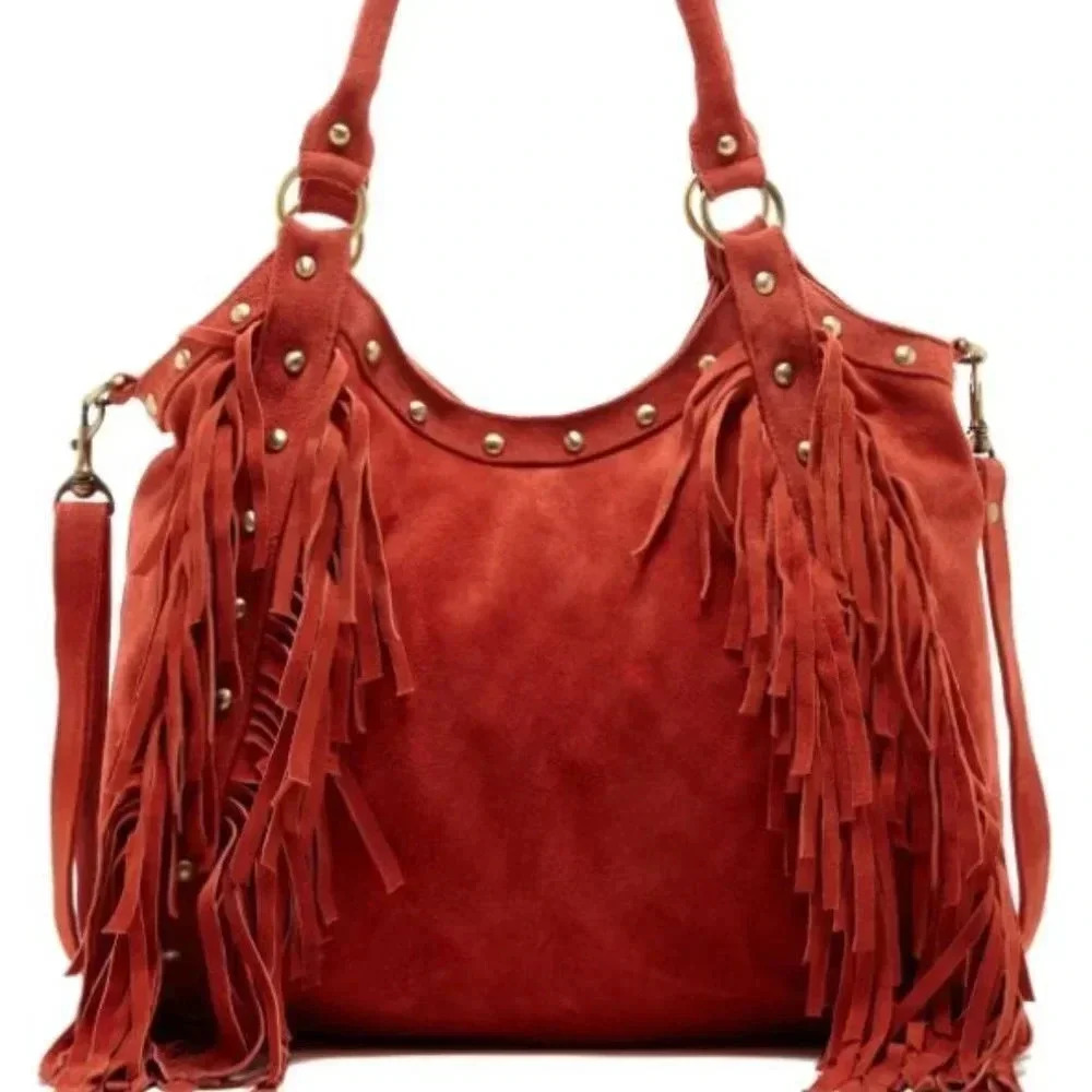 Raj | Nikki Boho Rust  Suede Fringe Studded Handbag